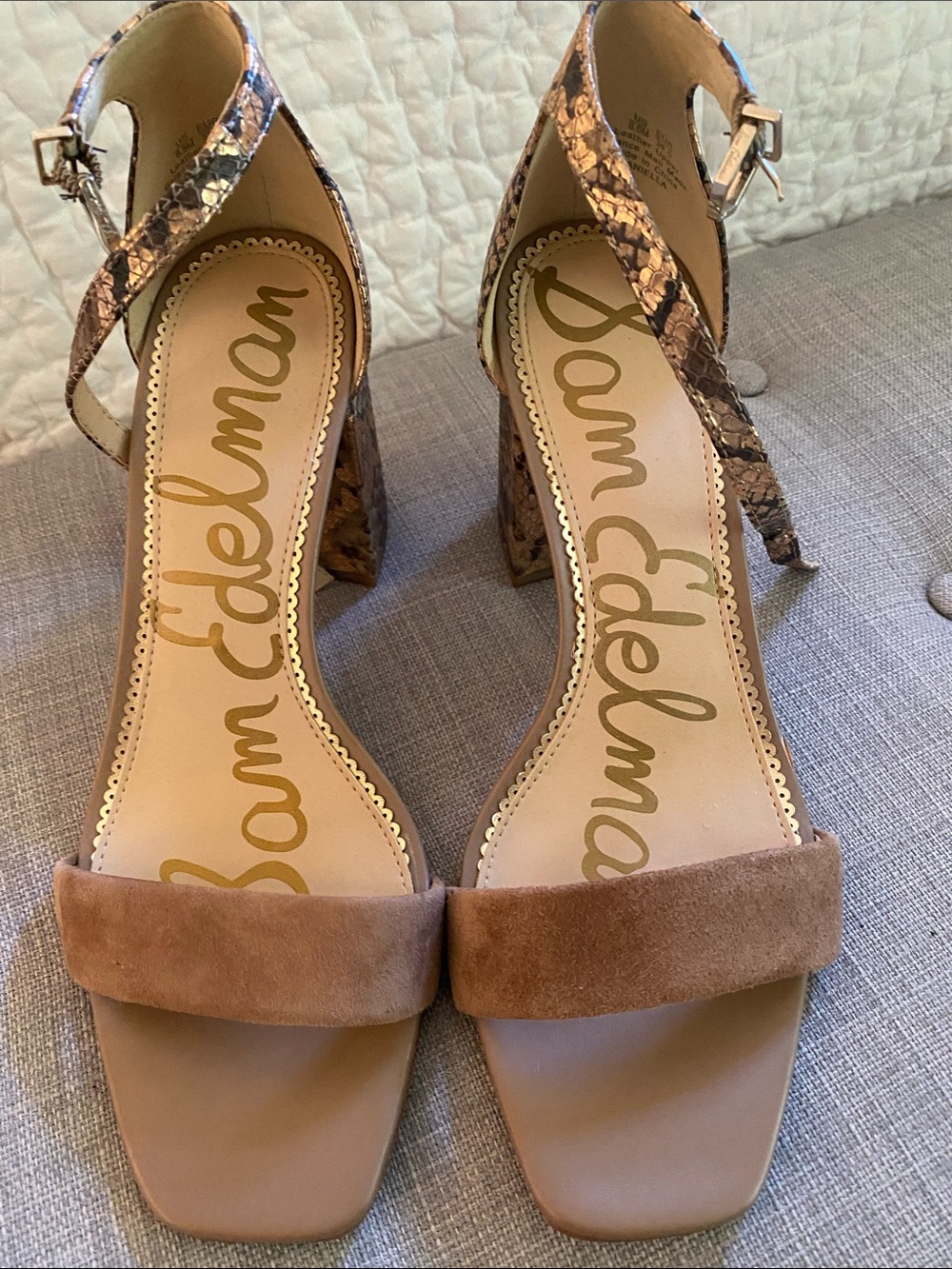 Sam Edelman Taupe Suede & Snakeskin Ankle-Strap Block Heels